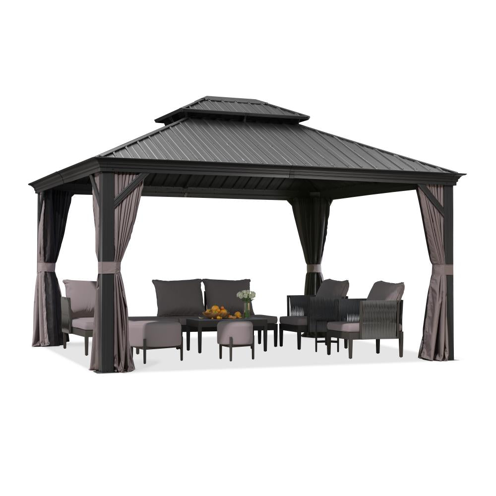 Antracytowa altana ogrodowa aluminiowa premium PURPLE LEAF 3.65x4.25 m z dachem hardtop ze stali ocynkowanej
