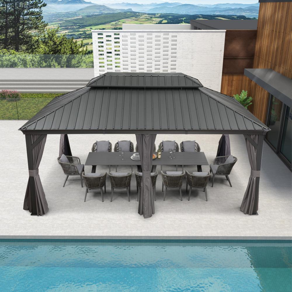 Antracytowa altana ogrodowa aluminiowa premium PURPLE LEAF 3.65x5.5 m przy basenie z dachem hardtop ze stali ocynkowanej