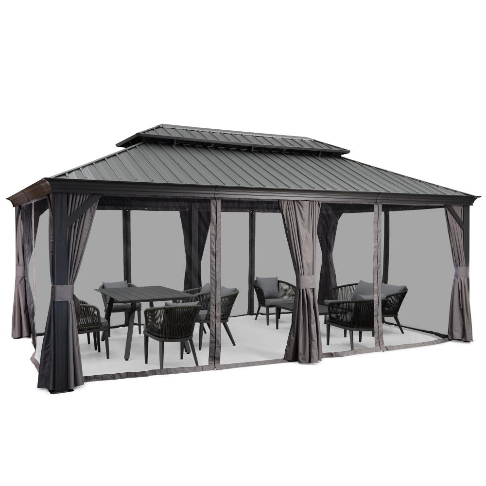 Antracytowa altana ogrodowa aluminiowa premium PURPLE LEAF 3.65x5.5 m z moskitierami z dachem hardtop ze stali ocynkowanej