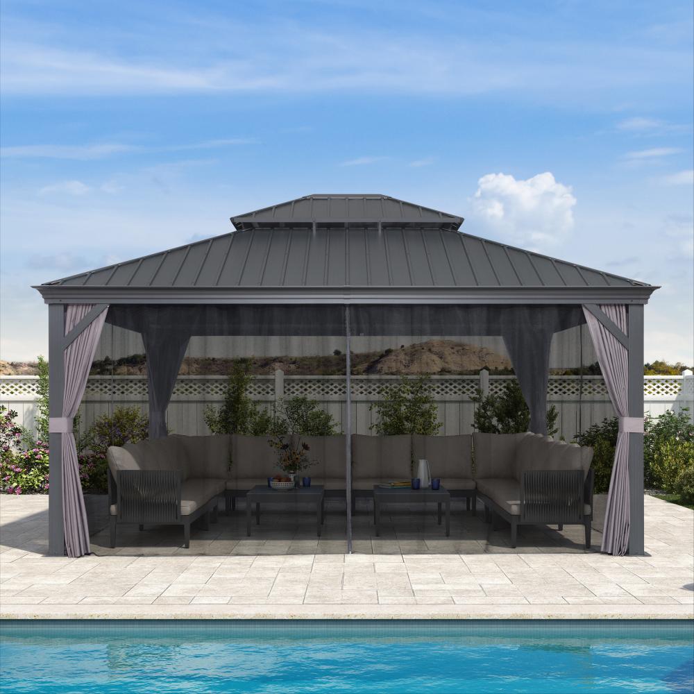 Antracytowa altana ogrodowa aluminiowa premium PURPLE LEAF 4.25x4.85 m z moskitierami z dachem hardtop ze stali ocynkowanej
