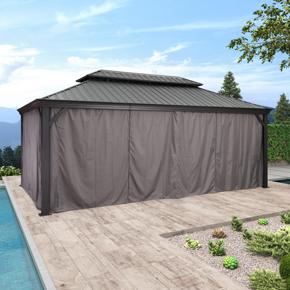 Antracytowa altana ogrodowa aluminiowa premium PURPLE LEAF 3.65x6 m z zasłonami z dachem hardtop ze stali ocynkowanej
