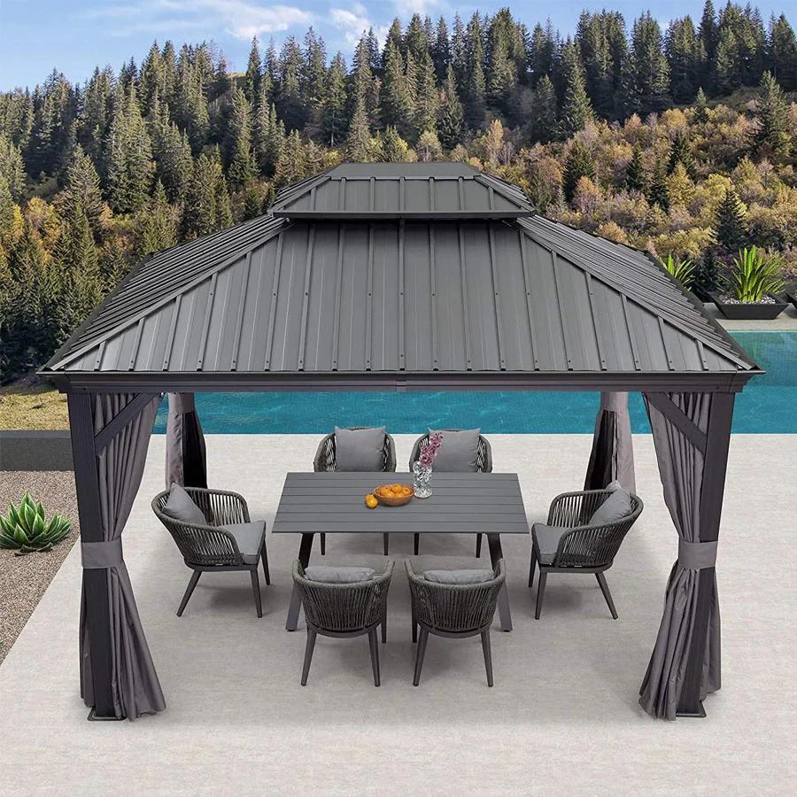 Antracytowa altana ogrodowa całoroczna premium PURPLE LEAF 3x4 m z dachem hardtop ze stali ocynkowanej