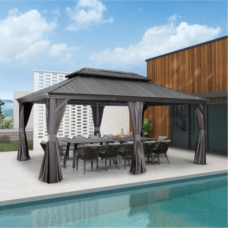 Antracytowa altana ogrodowa premium PURPLE LEAF 3.65x5.5 m przy basenie z dachem hardtop ze stali ocynkowanej