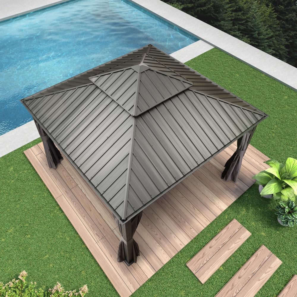 Antracytowa altana ogrodowa premium PURPLE LEAF 3.65x3.65 m przy basenie z dachem hardtop ze stali ocynkowanej
