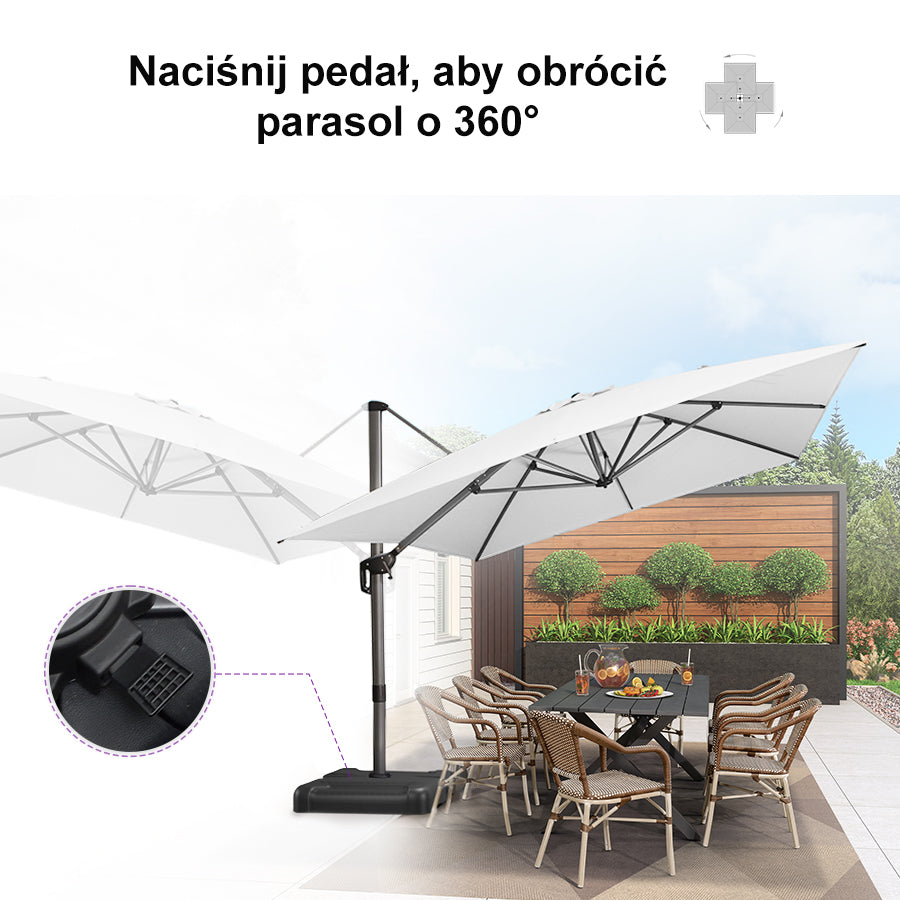 PURPLE LEAF Duży parasol ogrodowy z bocznym masztem, aluminiowy parasol obrotowy 360° z korbą i pedałem nożnym, na taras i balkon