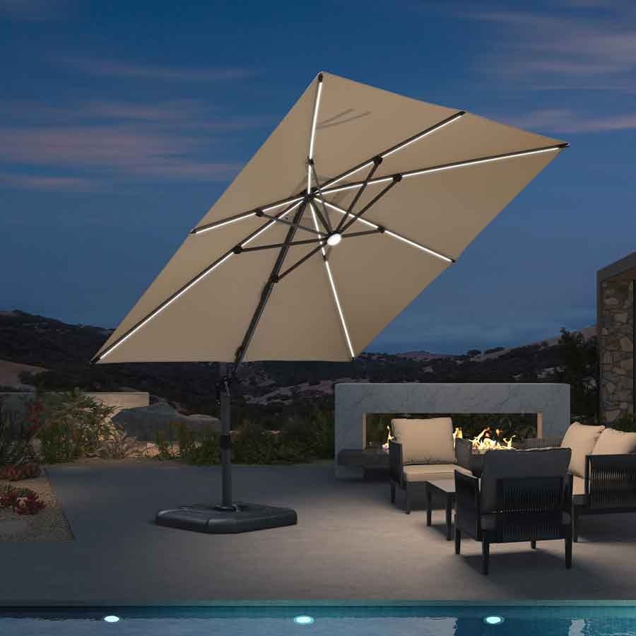 PURPLE LEAF Parasol ogrodowy z bocznym masztem z LED, z korbą, obrotowy 360° z pedałem nożnym i podstawą krzyżową, na taras i balkon