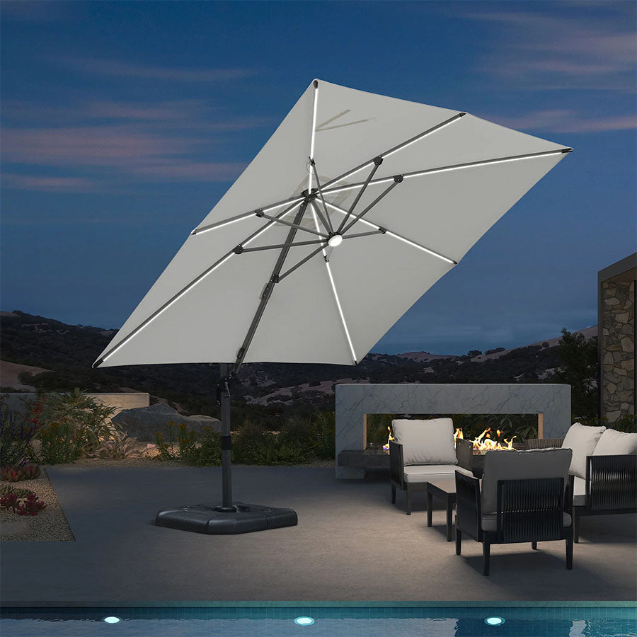 PURPLE LEAF Parasol ogrodowy z bocznym masztem z LED, z korbą, obrotowy 360° z pedałem nożnym i podstawą krzyżową, na taras i balkon