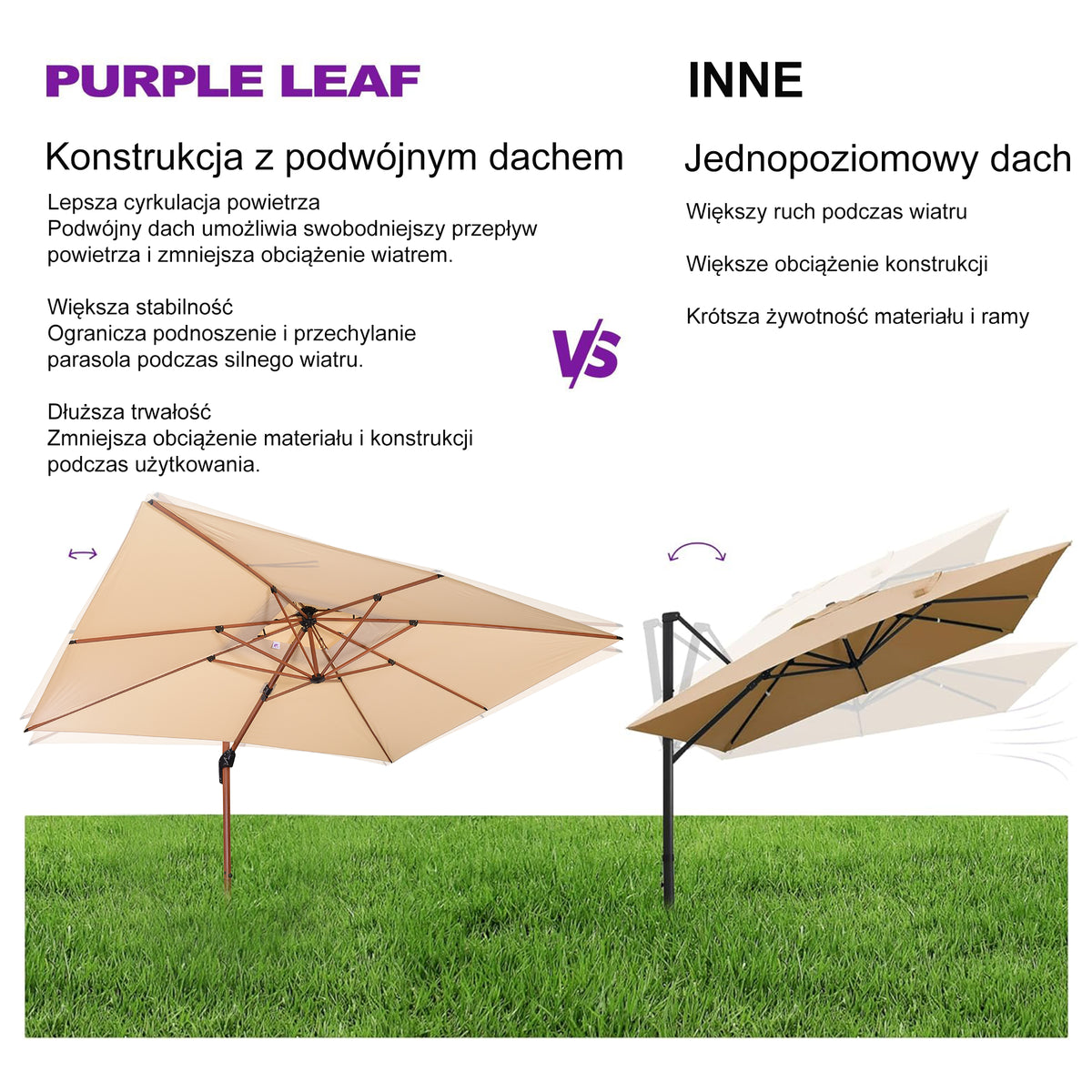 PURPLE LEAF Kwadratowy parasol ogrodowy z bocznym masztem, aluminium w imitacji drewna, z korbą i regulacją nachylenia, na balkon i taras