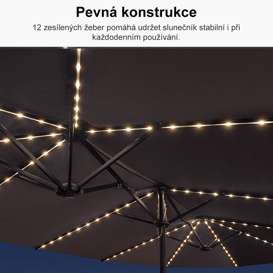 PURPLE LEAF Dwustronny prostokątny parasol ogrodowy z oświetleniem LED i podstawą, duży parasol na taras i do ogrodu