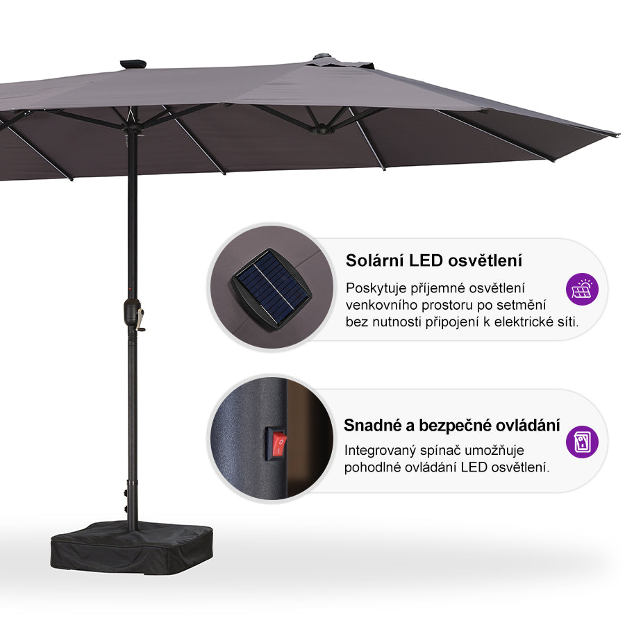 PURPLE LEAF Dwustronny prostokątny parasol ogrodowy z oświetleniem LED i podstawą, duży parasol na taras i do ogrodu