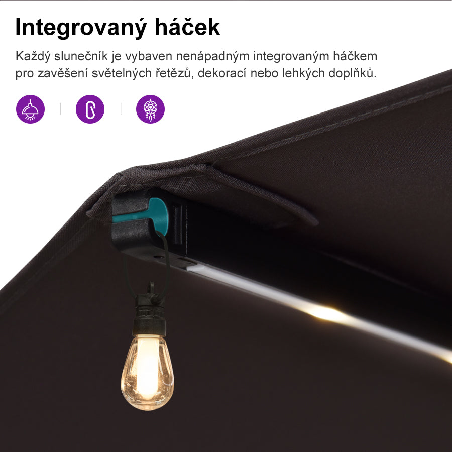 PURPLE LEAF Dwustronny prostokątny parasol ogrodowy z oświetleniem LED i podstawą, duży parasol na taras i do ogrodu