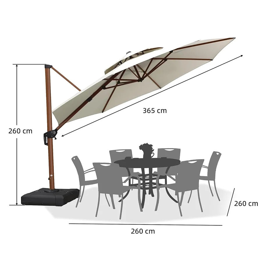 PURPLE LEAF Okrągły parasol ogrodowy z bocznym masztem, aluminiowy w imitacji drewna, z korbą i regulacją nachylenia, na balkon i taras