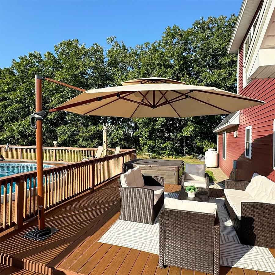 PURPLE LEAF Okrągły parasol ogrodowy z bocznym masztem, aluminiowy w imitacji drewna, z korbą i regulacją nachylenia, na balkon i taras