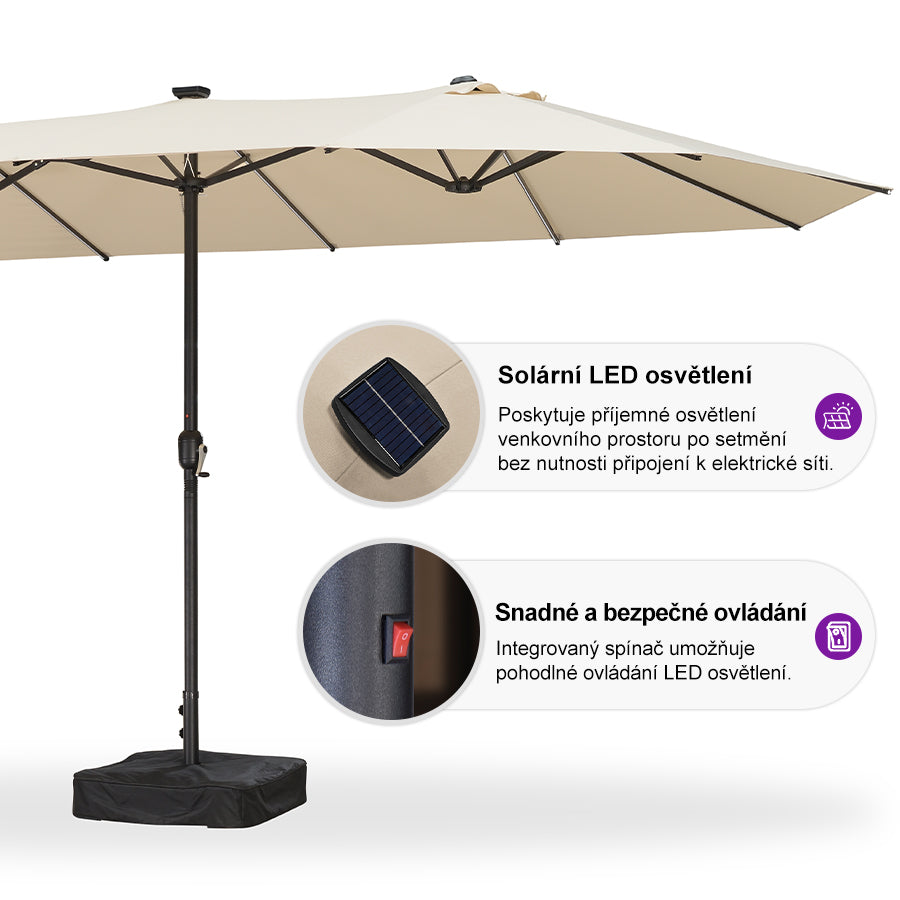 PURPLE LEAF Dwustronny prostokątny parasol ogrodowy z oświetleniem LED i podstawą, duży parasol na taras i do ogrodu