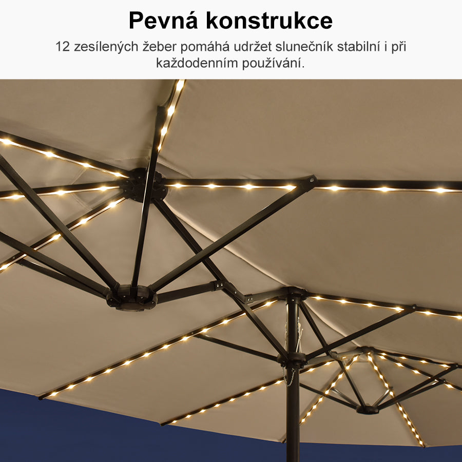PURPLE LEAF Dwustronny prostokątny parasol ogrodowy z oświetleniem LED i podstawą, duży parasol na taras i do ogrodu