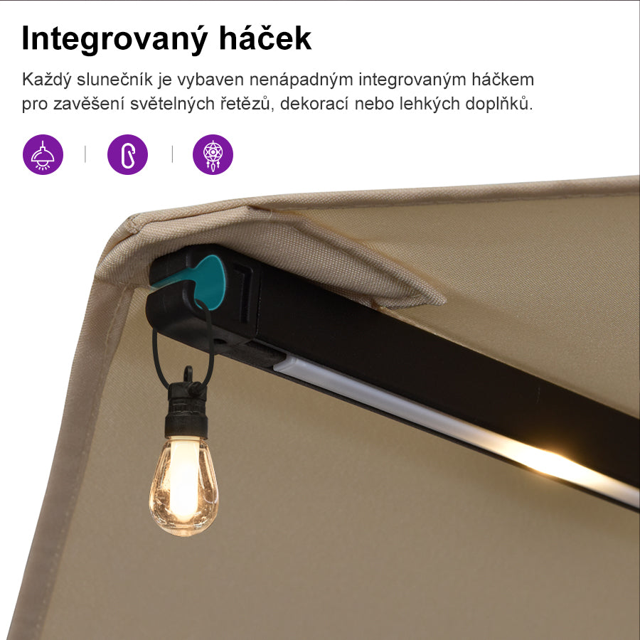 PURPLE LEAF Dwustronny prostokątny parasol ogrodowy z oświetleniem LED i podstawą, duży parasol na taras i do ogrodu
