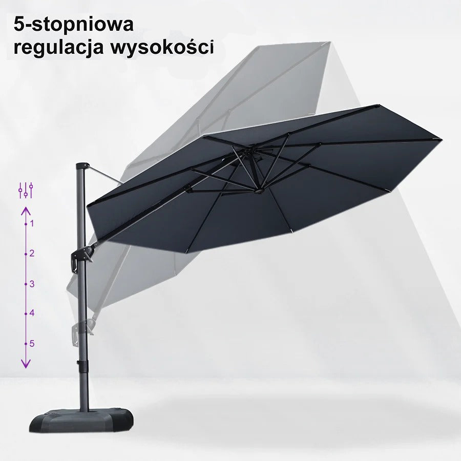 PURPLE LEAF Duży okrągły parasol ogrodowy z bocznym masztem, obrotowy 360° z pedałem nożnym i podstawą krzyżową, na taras i balkon