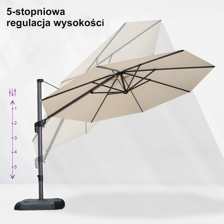 PURPLE LEAF Duży okrągły parasol ogrodowy z bocznym masztem, obrotowy 360° z pedałem nożnym i podstawą krzyżową, na taras i balkon