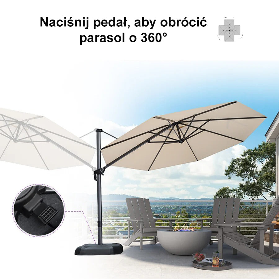 PURPLE LEAF Duży okrągły parasol ogrodowy z bocznym masztem, obrotowy 360° z pedałem nożnym i podstawą krzyżową, na taras i balkon