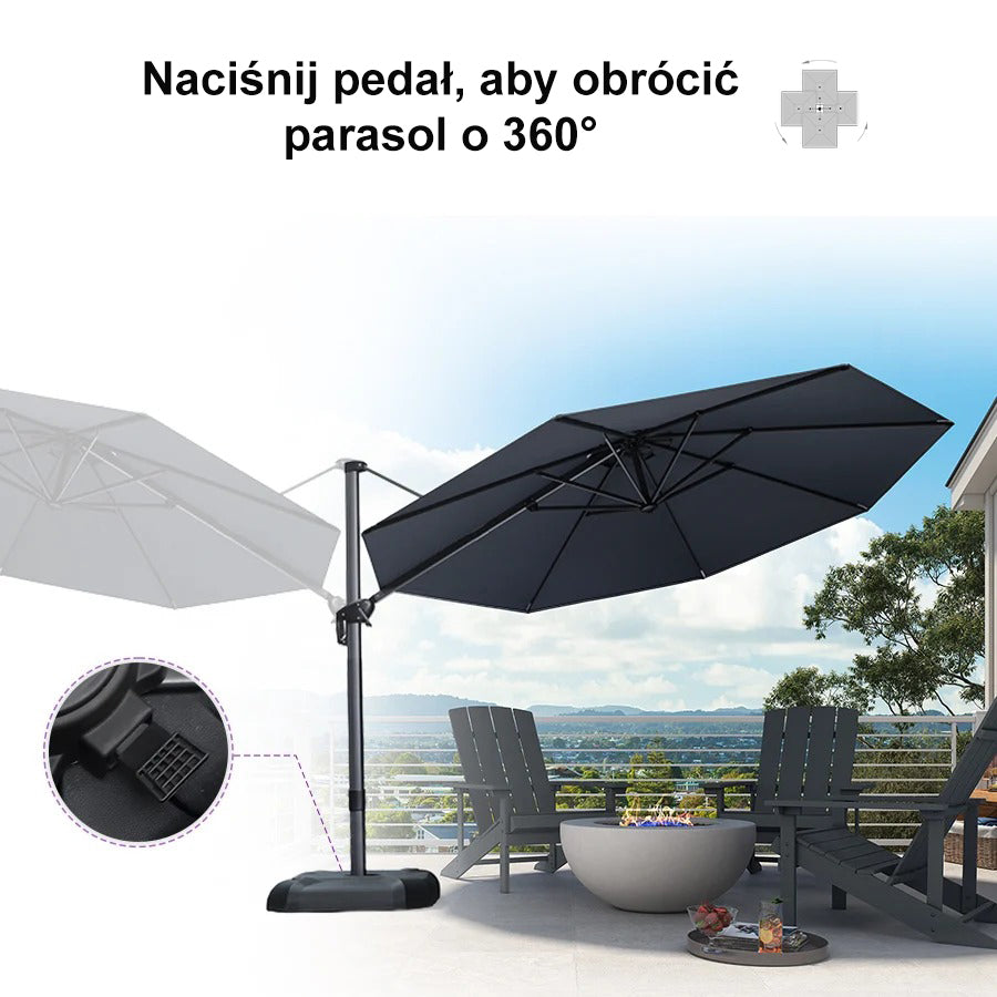 PURPLE LEAF Duży okrągły parasol ogrodowy z bocznym masztem, obrotowy 360° z pedałem nożnym i podstawą krzyżową, na taras i balkon