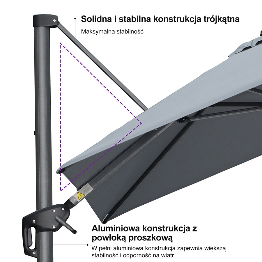 PURPLE LEAF Duży parasol ogrodowy z bocznym masztem, aluminiowy parasol obrotowy 360° z korbą i pedałem nożnym, na taras i balkon