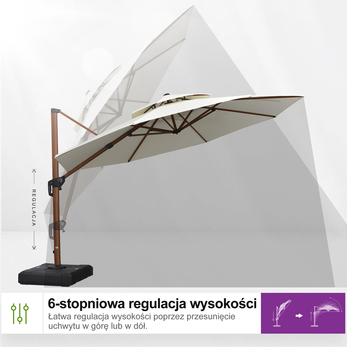 PURPLE LEAF Okrągły parasol ogrodowy z bocznym masztem, aluminiowy w imitacji drewna, z korbą i regulacją nachylenia, na balkon i taras