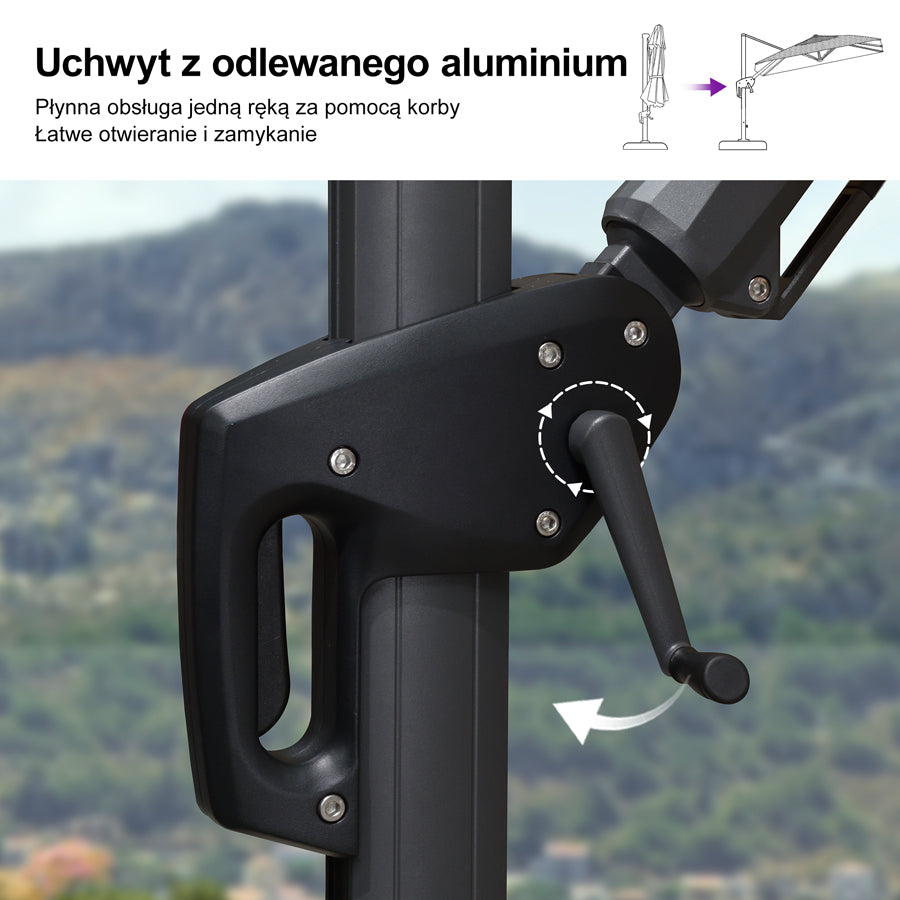PURPLE LEAF Parasol ogrodowy z bocznym masztem z LED, z korbą, obrotowy 360° z pedałem nożnym i podstawą krzyżową, na taras i balkon