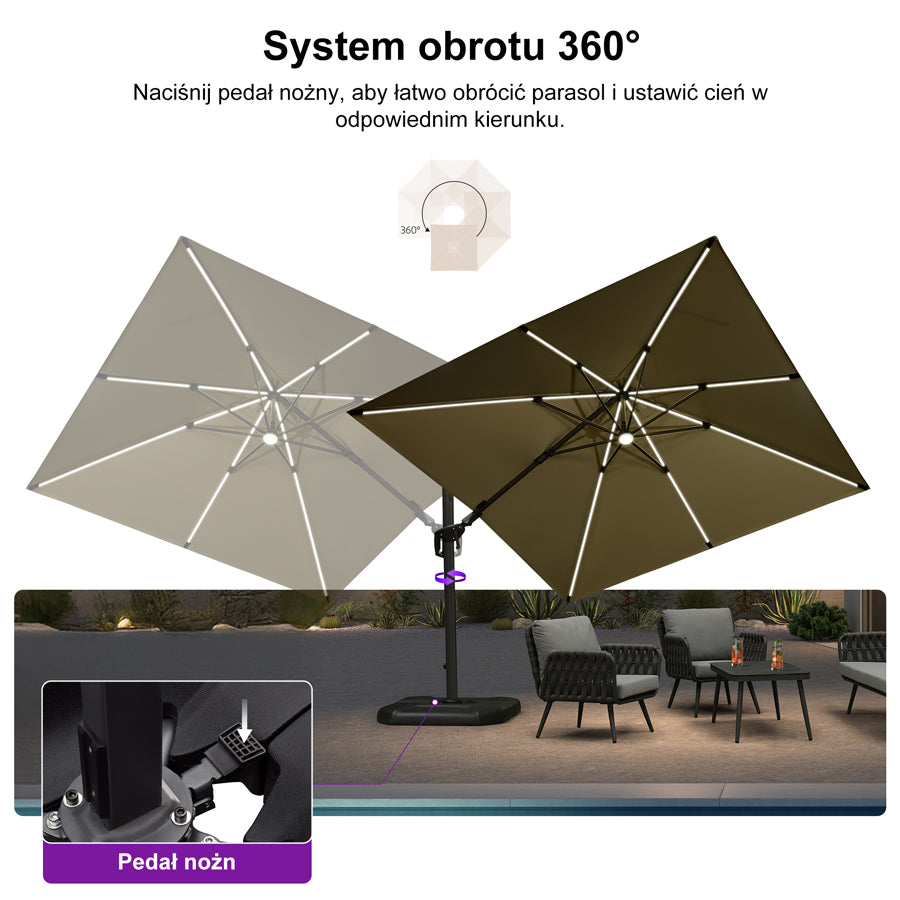 PURPLE LEAF Parasol ogrodowy z bocznym masztem z LED, z korbą, obrotowy 360° z pedałem nożnym i podstawą krzyżową, na taras i balkon