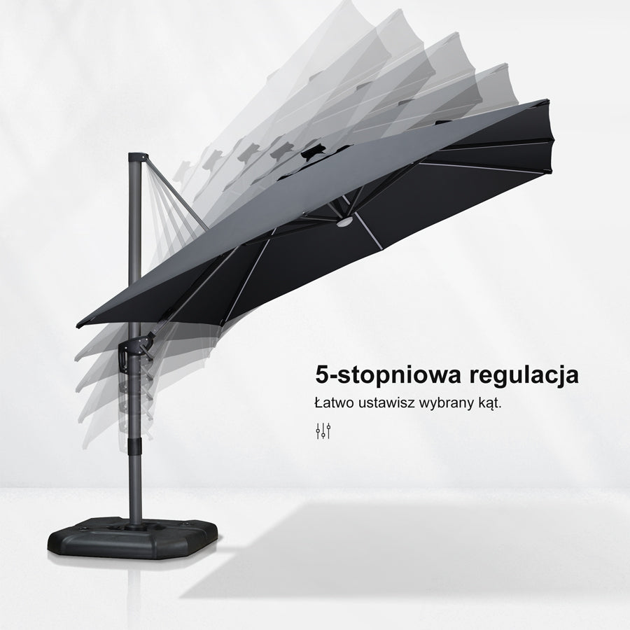 PURPLE LEAF Parasol ogrodowy z bocznym masztem z LED, z korbą, obrotowy 360° z pedałem nożnym i podstawą krzyżową, na taras i balkon