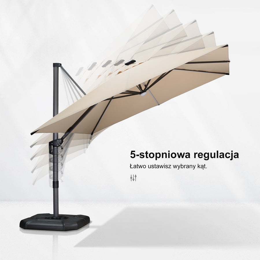 PURPLE LEAF Parasol ogrodowy z bocznym masztem z LED, z korbą, obrotowy 360° z pedałem nożnym i podstawą krzyżową, na taras i balkon
