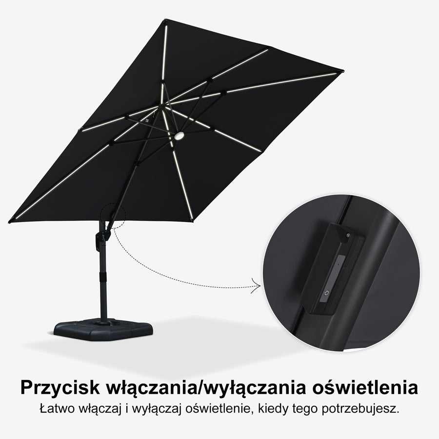 PURPLE LEAF Parasol ogrodowy z bocznym masztem z LED, z korbą, obrotowy 360° z pedałem nożnym i podstawą krzyżową, na taras i balkon