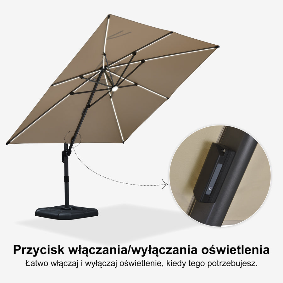 PURPLE LEAF Parasol ogrodowy z bocznym masztem z LED, z korbą, obrotowy 360° z pedałem nożnym i podstawą krzyżową, na taras i balkon