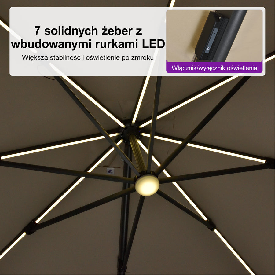 PURPLE LEAF Parasol ogrodowy z bocznym masztem z LED, z korbą, obrotowy 360° z pedałem nożnym i podstawą krzyżową, na taras i balkon