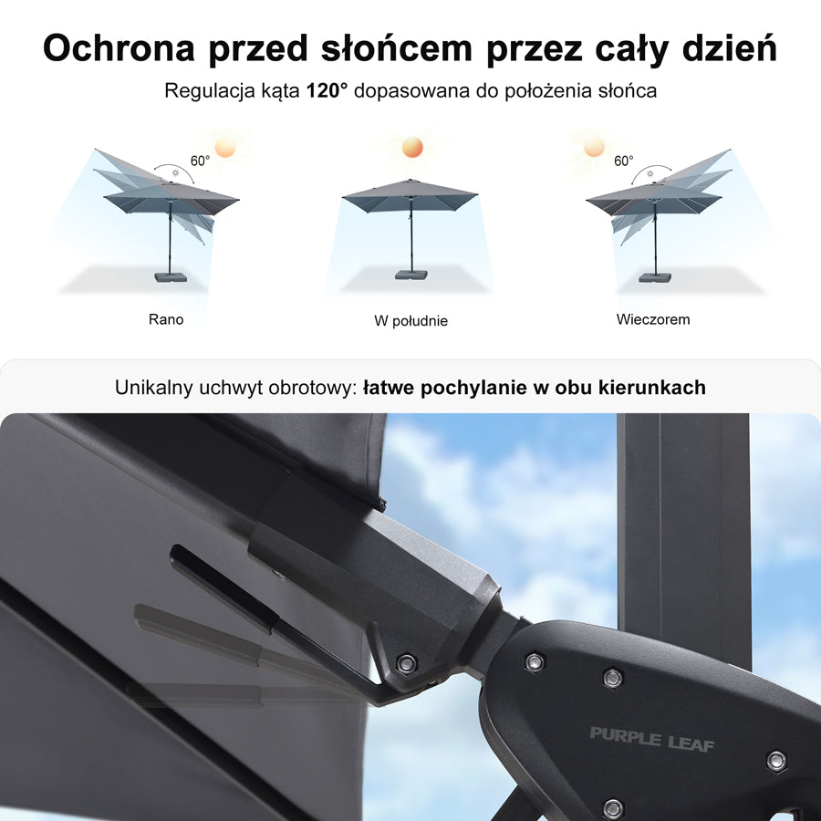 PURPLE LEAF Parasol ogrodowy z bocznym masztem z LED, z korbą, obrotowy 360° z pedałem nożnym i podstawą krzyżową, na taras i balkon