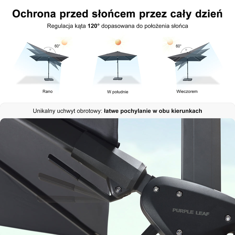 PURPLE LEAF Parasol ogrodowy z bocznym masztem z LED, z korbą, obrotowy 360° z pedałem nożnym i podstawą krzyżową, na taras i balkon