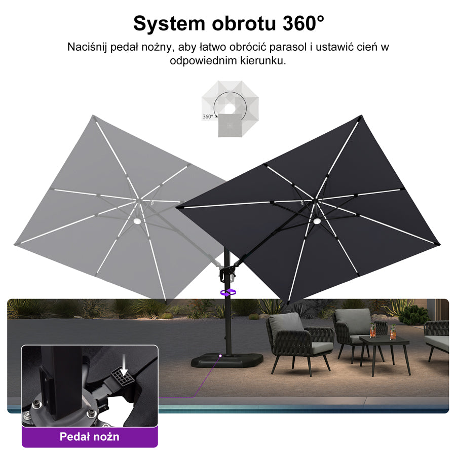 PURPLE LEAF Parasol ogrodowy z bocznym masztem z LED, z korbą, obrotowy 360° z pedałem nożnym i podstawą krzyżową, na taras i balkon