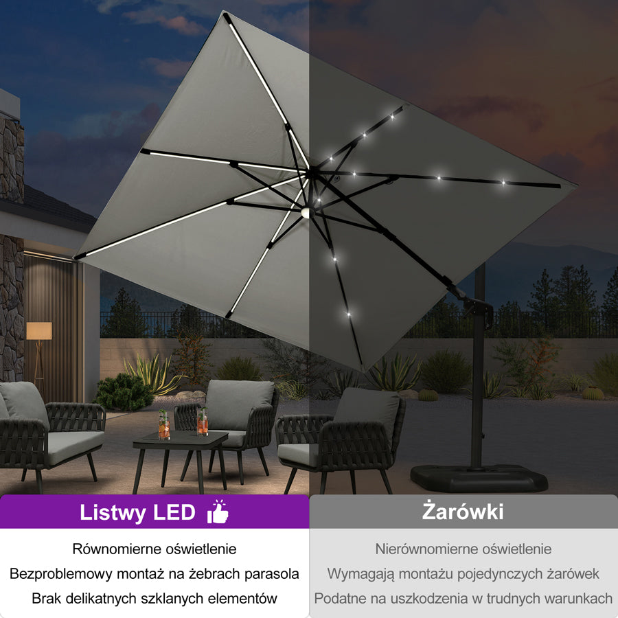 PURPLE LEAF Parasol ogrodowy z bocznym masztem z LED, z korbą, obrotowy 360° z pedałem nożnym i podstawą krzyżową, na taras i balkon