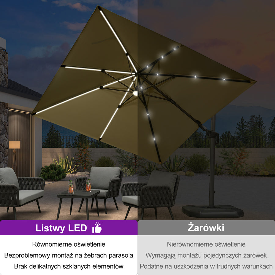 PURPLE LEAF Parasol ogrodowy z bocznym masztem z LED, z korbą, obrotowy 360° z pedałem nożnym i podstawą krzyżową, na taras i balkon