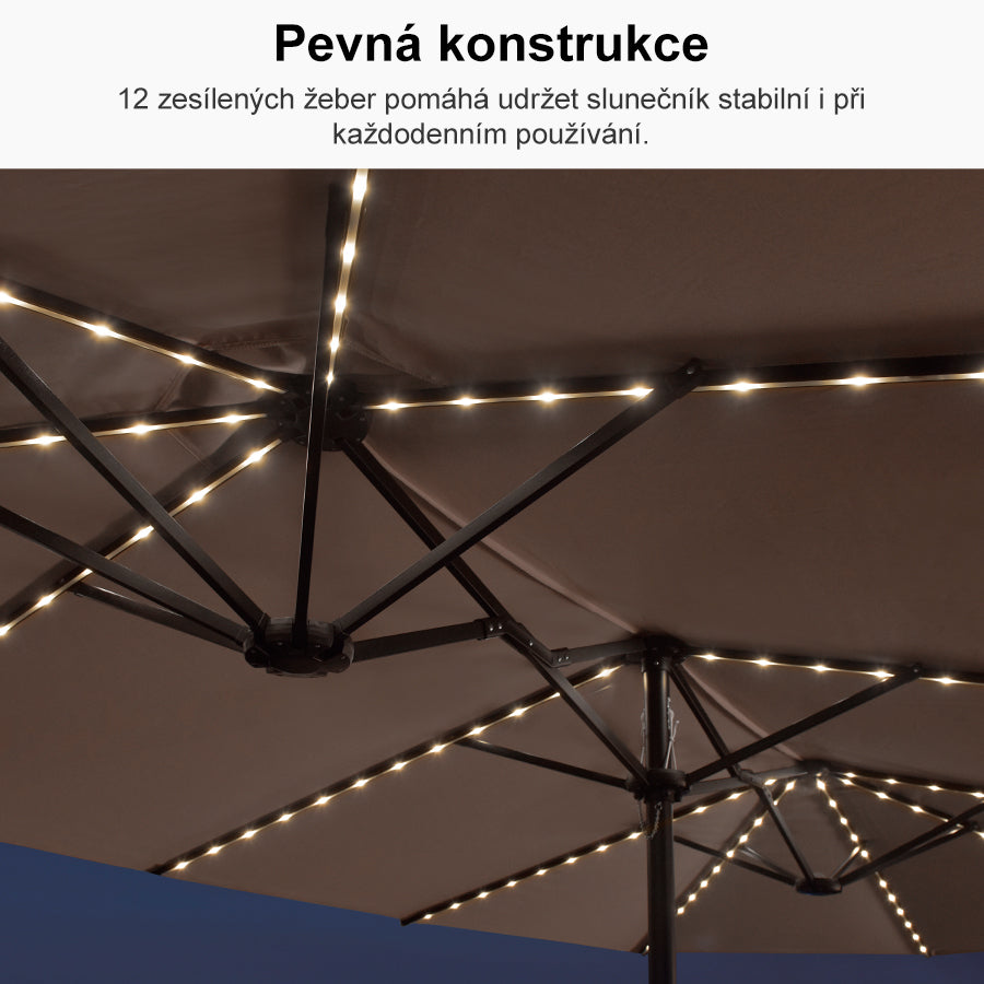 PURPLE LEAF Dwustronny prostokątny parasol ogrodowy z oświetleniem LED i podstawą, duży parasol na taras i do ogrodu