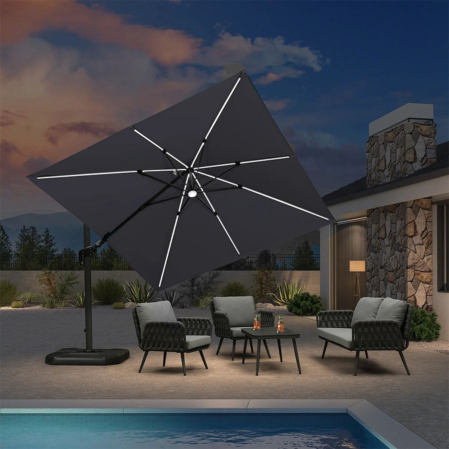 PURPLE LEAF Parasol ogrodowy z bocznym masztem z LED, z korbą, obrotowy 360° z pedałem nożnym i podstawą krzyżową, na taras i balkon
