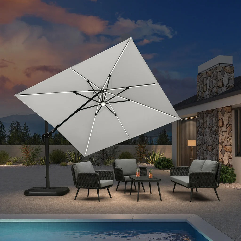 PURPLE LEAF Parasol ogrodowy z bocznym masztem z LED, z korbą, obrotowy 360° z pedałem nożnym i podstawą krzyżową, na taras i balkon