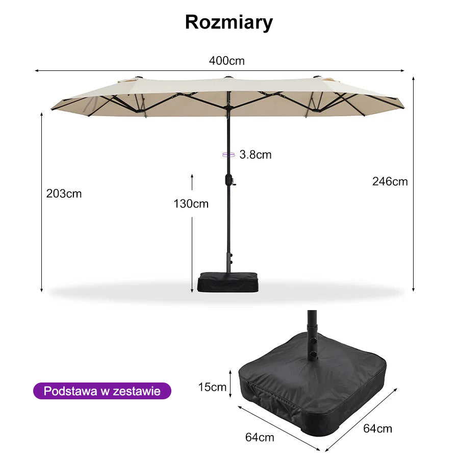 PURPLE LEAF Dwustronny prostokątny parasol ogrodowy z podstawą, duży parasol na taras i do ogrodu