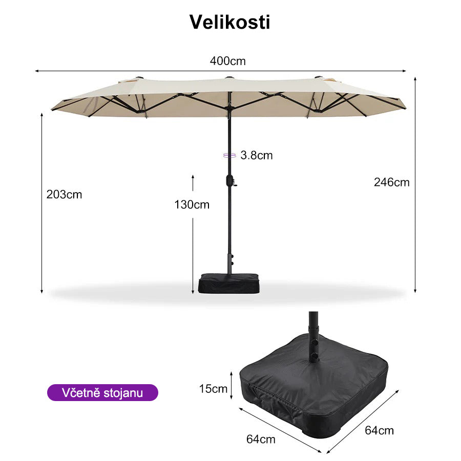 PURPLE LEAF Dwustronny prostokątny parasol ogrodowy z oświetleniem LED i podstawą, duży parasol na taras i do ogrodu