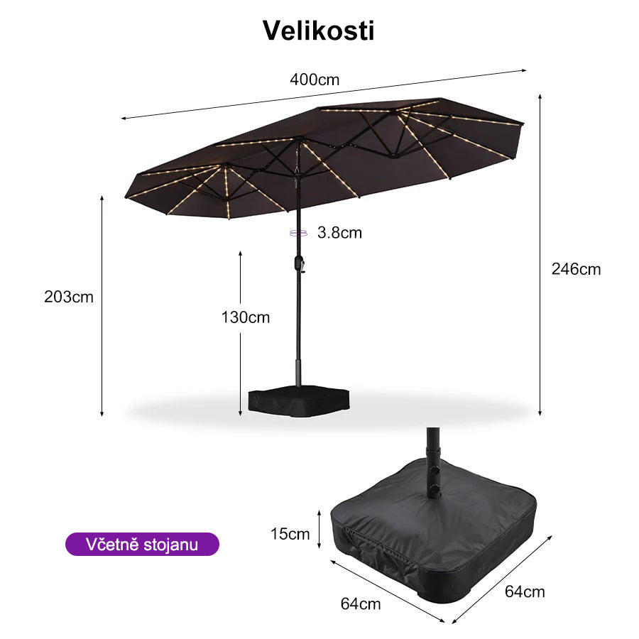 PURPLE LEAF Dwustronny prostokątny parasol ogrodowy z oświetleniem LED i podstawą, duży parasol na taras i do ogrodu