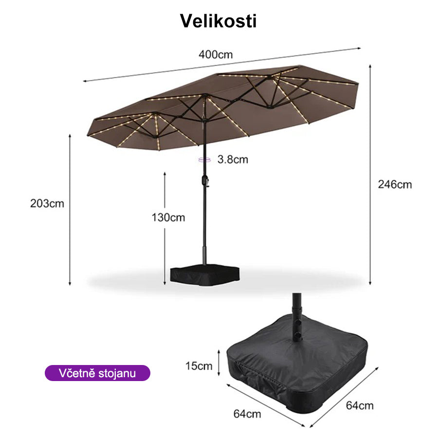 PURPLE LEAF Dwustronny prostokątny parasol ogrodowy z oświetleniem LED i podstawą, duży parasol na taras i do ogrodu