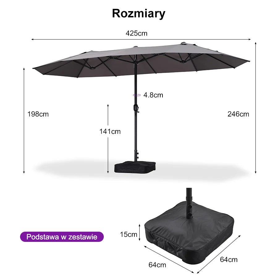PURPLE LEAF Dwustronny prostokątny parasol ogrodowy z podstawą, duży parasol na taras i do ogrodu