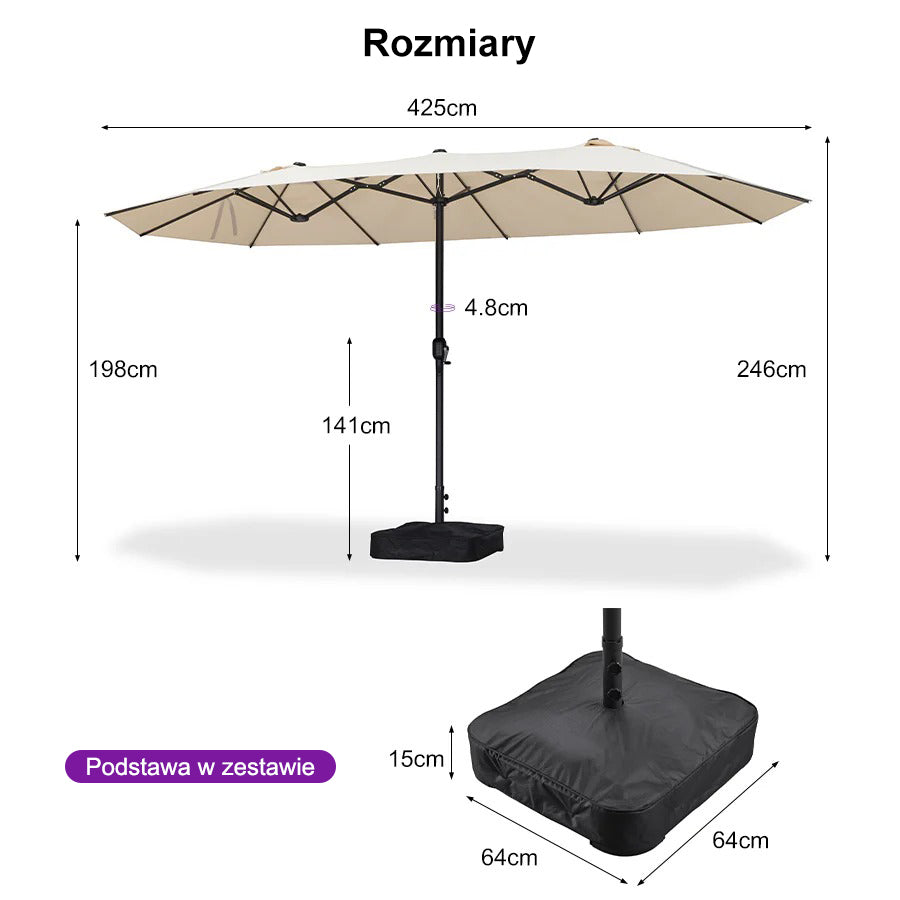 PURPLE LEAF Dwustronny prostokątny parasol ogrodowy z podstawą, duży parasol na taras i do ogrodu