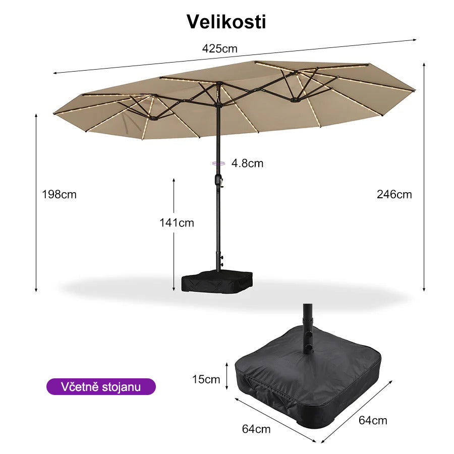PURPLE LEAF Dwustronny prostokątny parasol ogrodowy z oświetleniem LED i podstawą, duży parasol na taras i do ogrodu