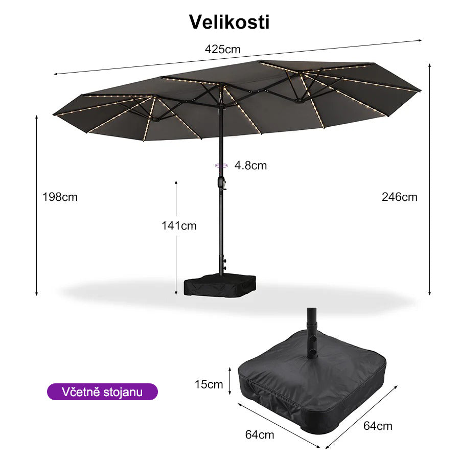 PURPLE LEAF Dwustronny prostokątny parasol ogrodowy z oświetleniem LED i podstawą, duży parasol na taras i do ogrodu
