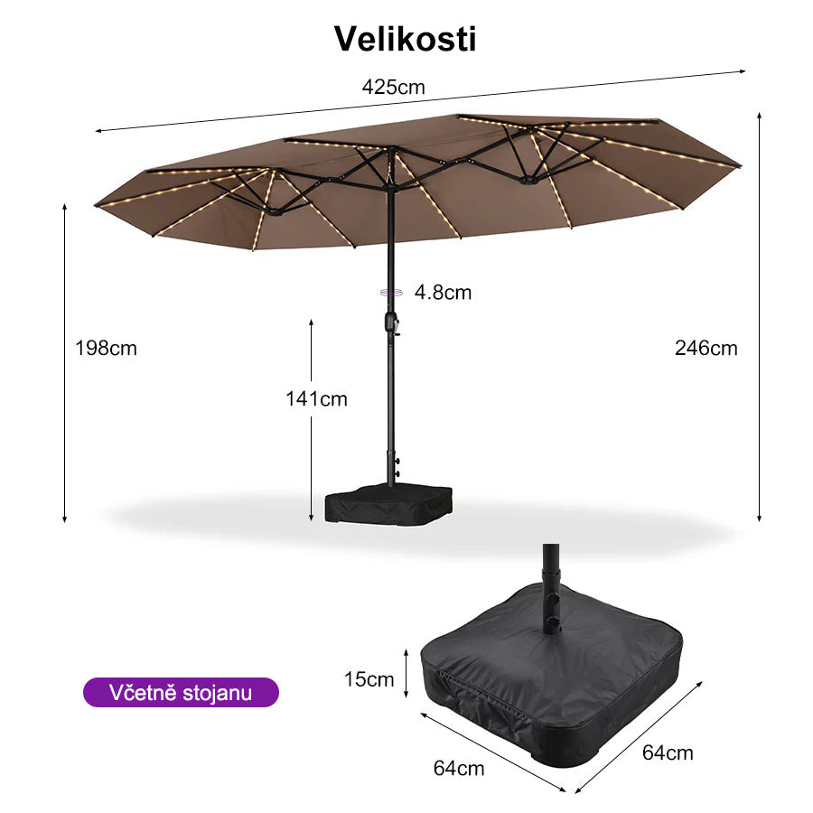 PURPLE LEAF Dwustronny prostokątny parasol ogrodowy z oświetleniem LED i podstawą, duży parasol na taras i do ogrodu
